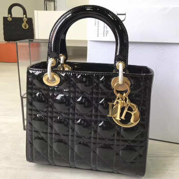 Uubags | Dior Lady 1603 Bag In Black Patent Leather With Gold Buckle 24x20x11cm