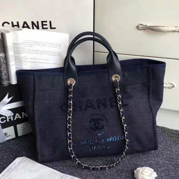 Chanel Canvas and Sequins Cubano Trip Deauville Shopping Bag Blue A66941 VS06532