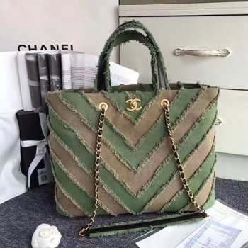 Chanel Khaki Canvas Patchwork Chevron Large Shopping Bag 260302 VS09293