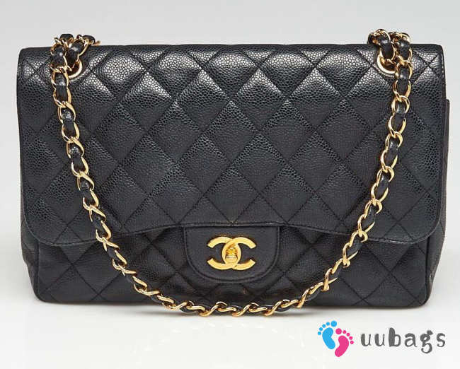 Chanel Large Classic Handbag Grained Calfskin & Gold Metal Black - 1