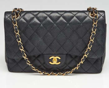 Chanel Large Classic Handbag Grained Calfskin & Gold Metal Black