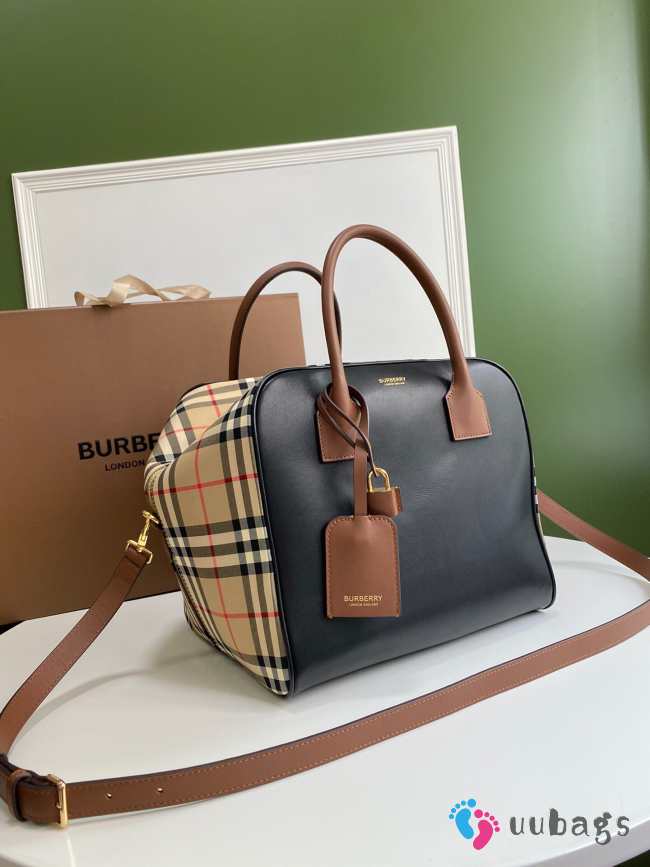 Burberry Ladies Stripe Leather Cube Bowling Bag Black - 1