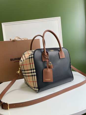 Burberry Ladies Stripe Leather Cube Bowling Bag Black