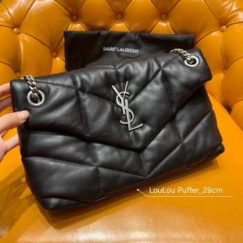 YSL Louloui Puffer Black Leather White Harware 29cm 