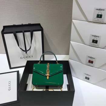 GUCCI Sylvie 1969 patent leather mini top handle bag green 589479 20cm