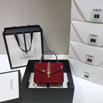 GUCCI Sylvie 1969 patent leather mini top handle bag red 589479 20cm