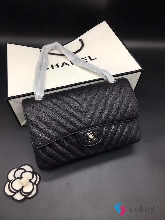 Chanel flap bag caviar black with silver buckle 25x15x7cm - 1