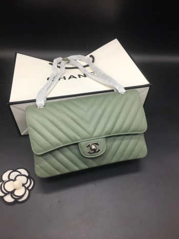 Chanel Flap Bag Caviar green color silver buckle 25x15x7cm