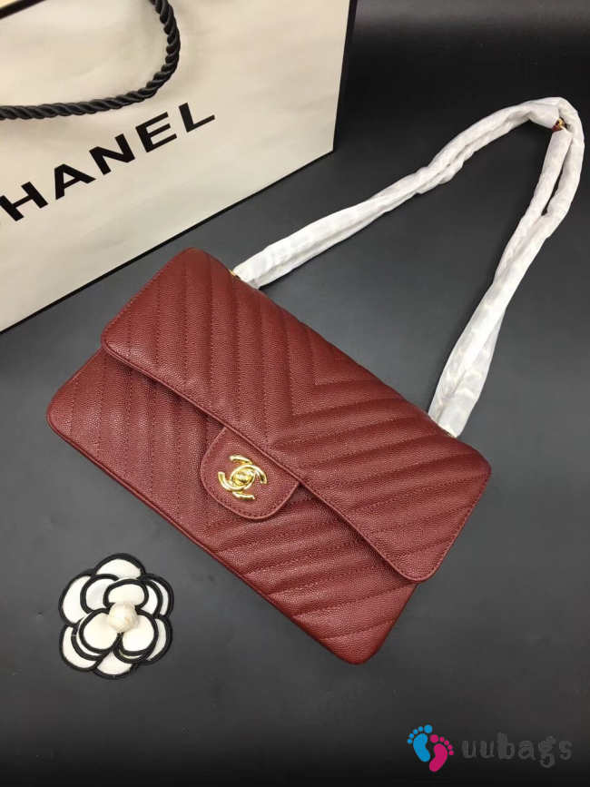 Chanel Flap Bag Caviar wine red color Gold Buckle 25x15x7cm - 1