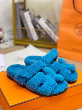 hermes woolskin slipper for winter light blue 34-46