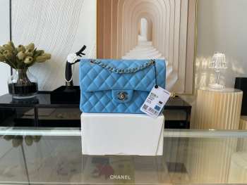 Chanel flap bag lamskin leather blue silver and gold buckle 25cm