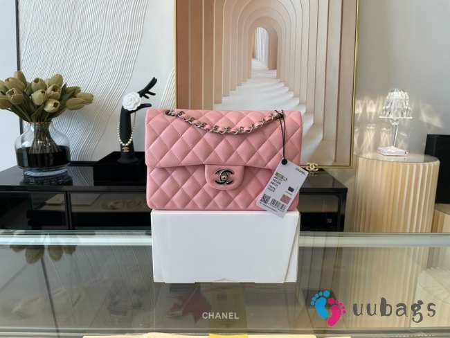 Chanel flap bag lamskin leather pink silver and gold buckle 25cm - 1