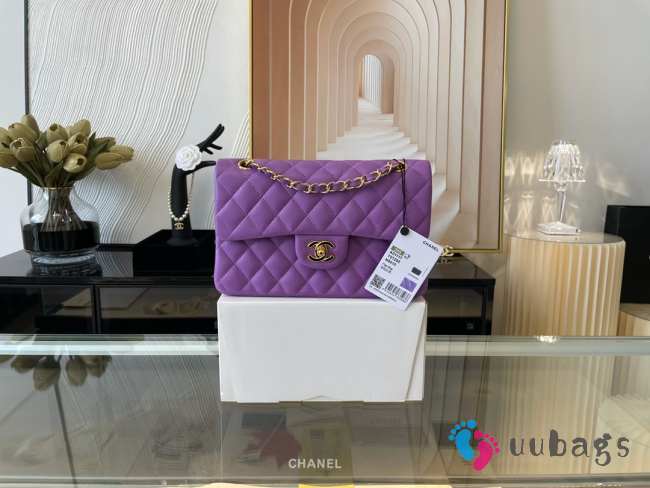 Chanel flap bag lamskin leather purple silver and gold buckle 25cm - 1