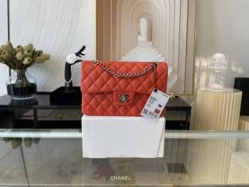 Chanel flap bag lamskin leather red   silver and gold buckle 25cm