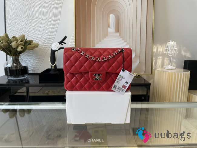 Chanel flap bag lamskin leather red silver and gold buckle 25cm - 1