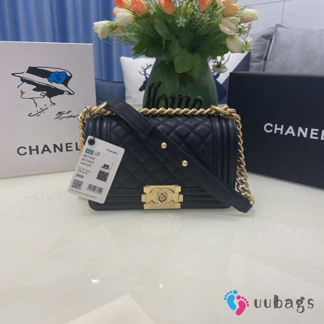 Chanel le boy caviar leather black Diamant gold hardware 20cm - 1