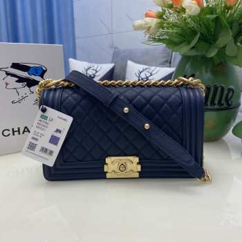 Chanel le boy caviar leather dark blue Diamant gold hardware 25cm