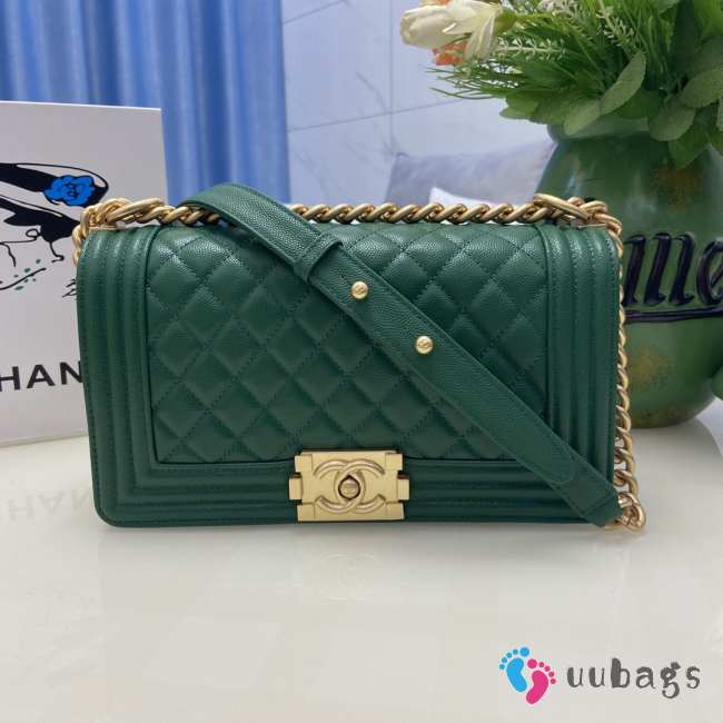 Chanel le boy caviar leather green Diamant gold hardware 25cm - 1