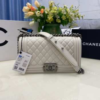 Chanel le boy caviar leather white Diamant silver hardware 25cm