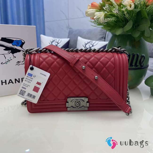 Chanel le boy caviar leather red Diamant silver hardware 25cm - 1