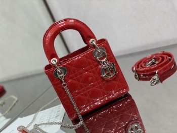 Lady dior patent leather red and silver buckle matel chain 17cm