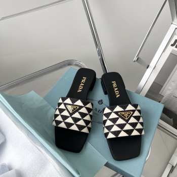 Prada Linen Embroidered fabric slides