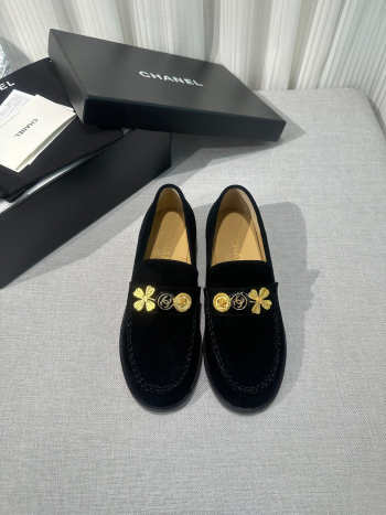 Chanel Velvet & Metal Black Loafers 2cm