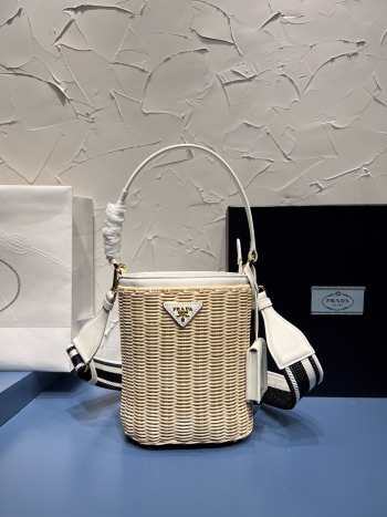 Prada Wicker and canvas bucket bag white 18x19x11cm