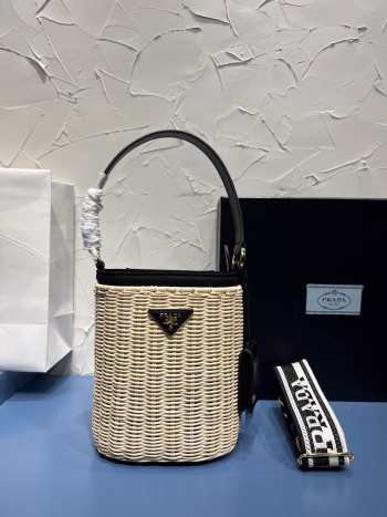 Prada Wicker and canvas bucket bag black 18x19x11cm