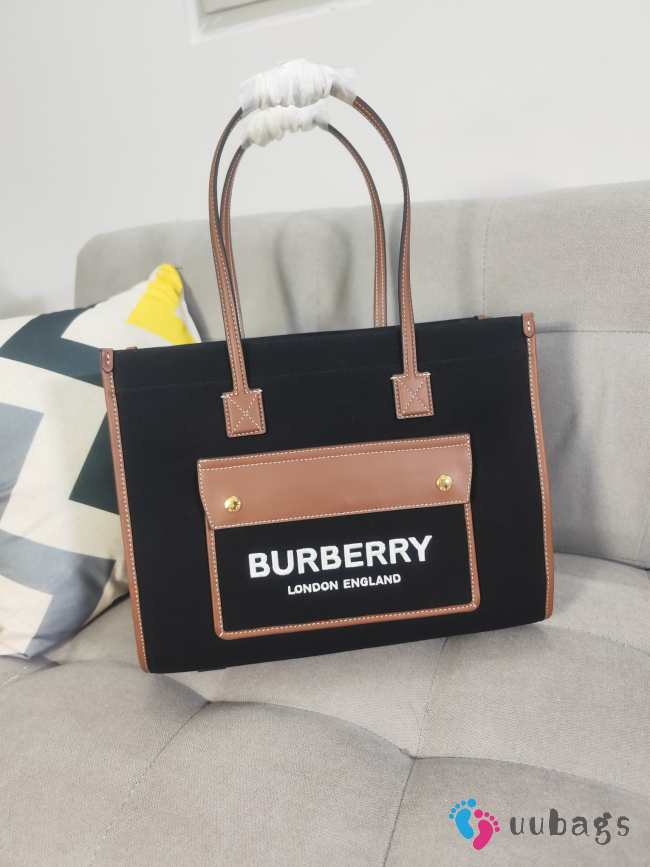 Burberry Medium Freya Leather & Canvas Tote Bag In Black 33x12.5x26cm - 1