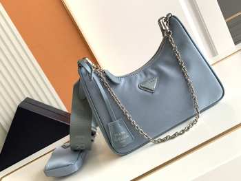 Prada nylon hobo with silver buckle in light blue 22x12x6cm