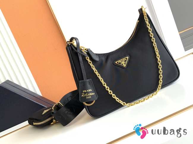 Prada nylon hobo with gold buckle in black 22x12x6cm - 1