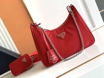 Prada nylon hobo with silver buckle in red 22x12x6cm