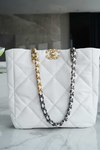 Chanel Shopping Bag 19 With Gold Buckle In White 30x37x10cm