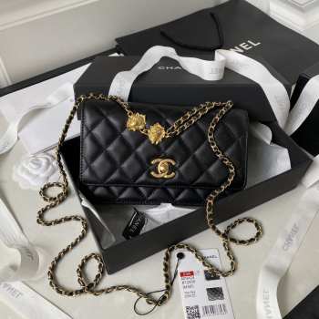 Chanel 23A logo flap bag in black with gold buckle 19cm 