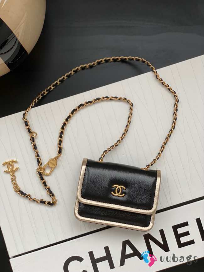 Chanel Frame Black Card Holder on Chain Aged Calfskin  - 1