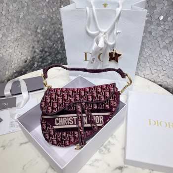 Dior Red Saddle Oblique Embroidered Canvas Bag