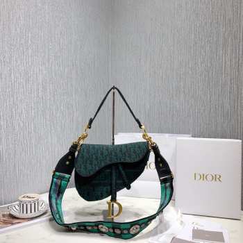 Dior Green Saddle Oblique Embroidered Canvas Bag