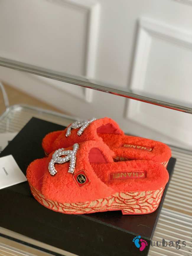 Chanel Fur Slide Sandals In Orange - 1