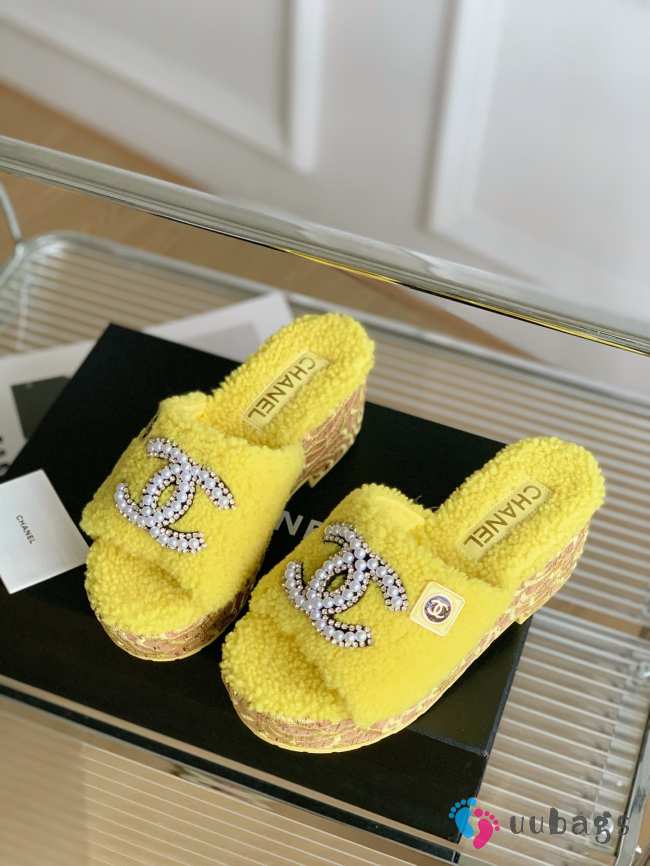 Chanel Fur Slide Sandals In Yellow - 1