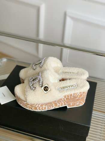 Chanel Fur Slide Sandals In White