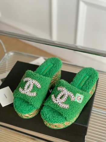 Chanel Fur Slide Sandals In Green