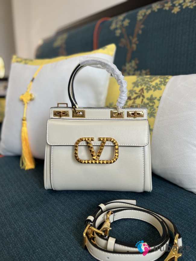 Valentino Rockstud Alcove White Grainy Leather Satchel - 1