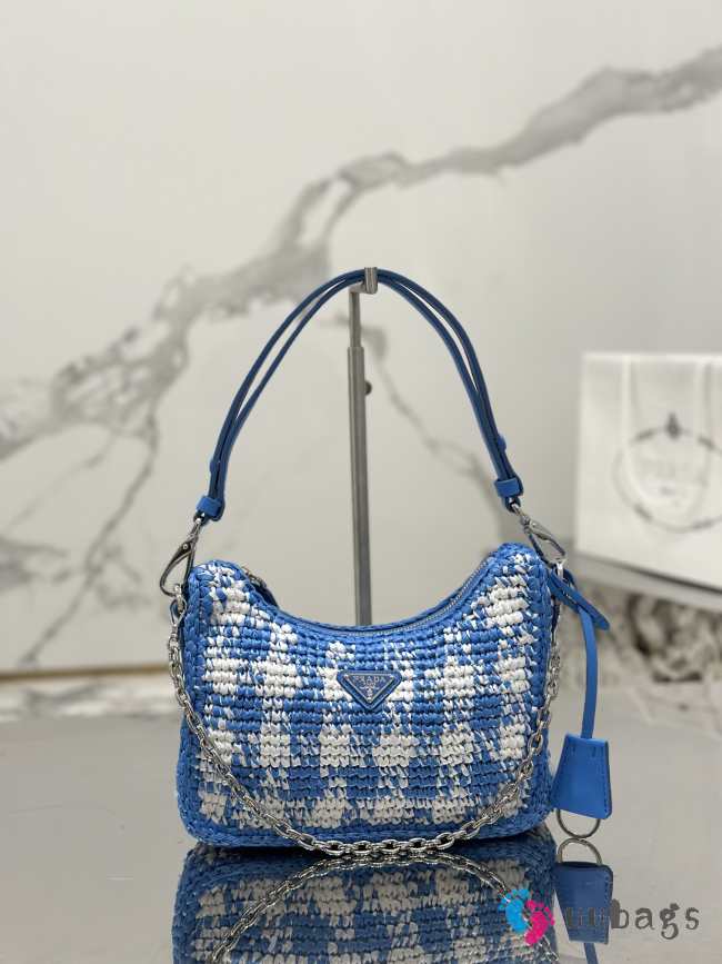 Prada Mini Checkered Raffia Top-Handle Bag In Blue 22x18x6cm - 1