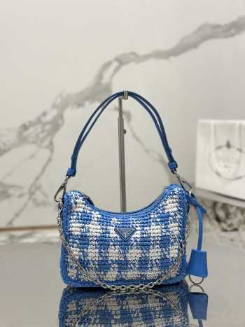 Prada Mini Checkered Raffia Top-Handle Bag In Blue 22x18x6cm