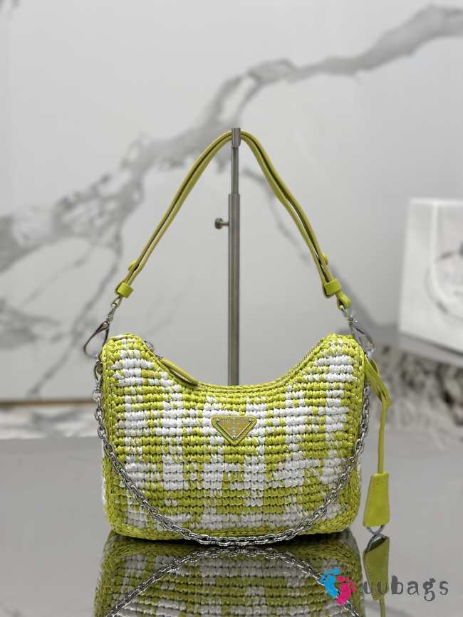 Prada Mini Checkered Raffia Top-Handle Bag In Green 22x18x6cm - 1