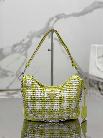 Prada Mini Checkered Raffia Top-Handle Bag In Green 22x18x6cm