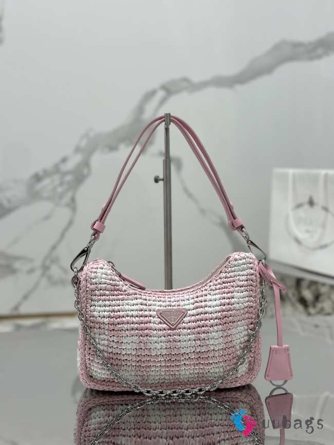 Prada Mini Checkered Raffia Top-Handle Bag In Pink 22x18x6cm - 1