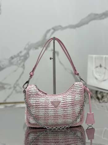 Prada Mini Checkered Raffia Top-Handle Bag In Pink 22x18x6cm