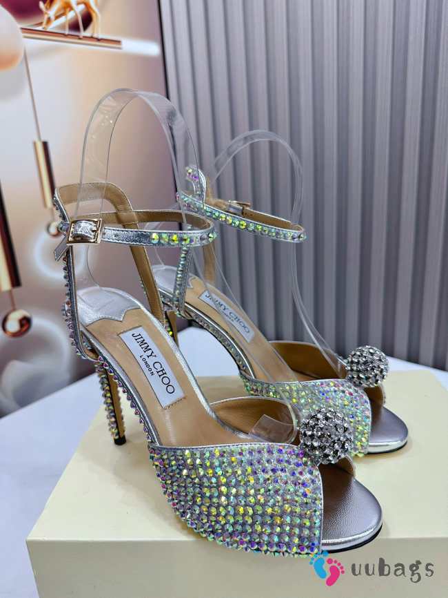 Jimmy Choo Sacora 100 Suede Sandals with Hotfix Crystals and Sphere Detail - 1